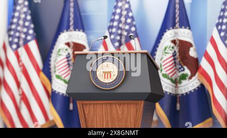 Federal Reserve System Fed of USA chairman press conference concept. Tribune with symbol and flag of FRS and United States. 3d illustration Stock Photo