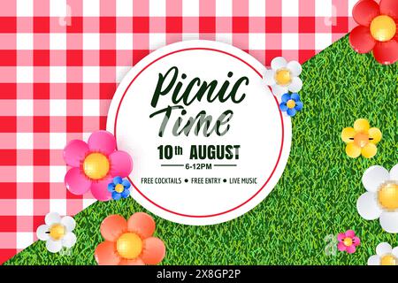 Picnic time banner, poster, flyer design with tablecloth, colorful daisy flowers on green grass background and hand drawn calligraphy lettering on cir Stock Vector