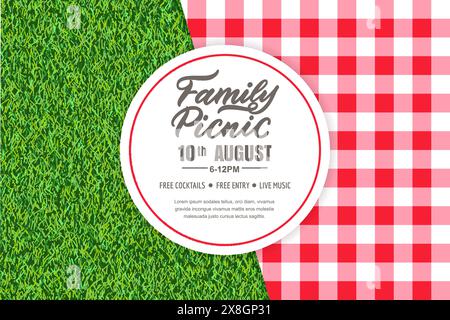 Picnic time banner, poster design with tablecloth on green grass background and hand drawn calligraphy lettering on circle white plate. Vector realist Stock Vector