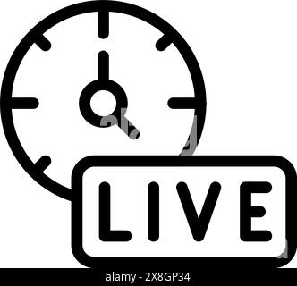 Flat line icon featuring a clock and 'live' sign, representing realtime broadcasting Stock Vector