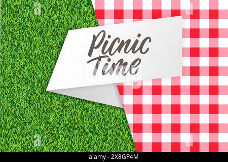 Picnic time banner, poster flyer design with tablecloth on green grass background and hand drawn calligraphy lettering on paper label. Vector realisti Stock Vector