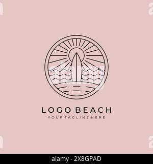 ocean surf logo line art vector illustration design, beach logo design Stock Vector