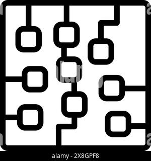 Minimalist icon representing an organizational chart with a network of connected boxes, in a clear black and white vector style Stock Vector
