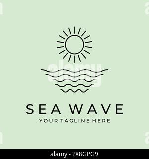 sunset and ocean wave logo vector line art minimalist illustration design Stock Vector