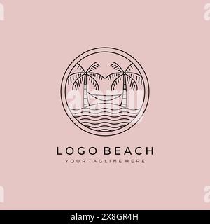 beach logo hammock and palm tree line icon vector minimal illustration design Stock Vector