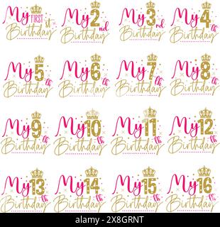 Birthday wishes 1 to 16 age Vector with crown pink and gold color Stock Vector
