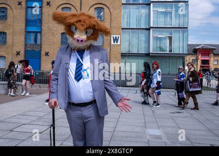 London, UK, 25th May, 2024. A furry poses outside the venue on day two of Comic Con London. Credit: James Willoughby/Alamy Live News Stock Photo