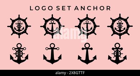 set of nautical or marine logo vector illustration template icon design. bundle collection of various navy logo anchor ship steering wheel line art an Stock Vector