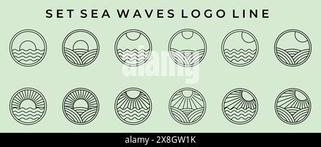 set of ocean waves minimalist line art logo vector illustration template design Stock Vector
