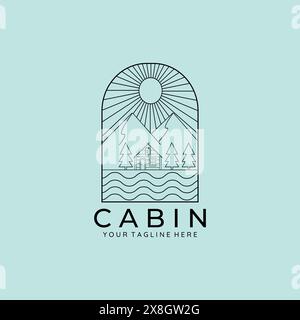 wood cabin or cottage line art minimalist simple illustration template icon logo design Stock Vector