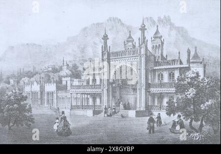 Palace in Alupka in Crimea. Engraving by Carlo Bossoli from the 19th century. Stock Photo