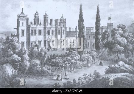 Palace in Alupka in Crimea. Engraving by Carlo Bossoli from the 19th century. Stock Photo
