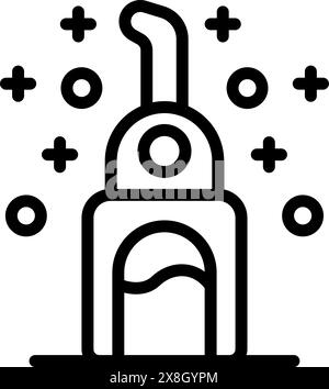 Minimalist vector illustration of an astronomical observatory icon with telescope, dome, and celestial symbols in black and white, perfect for astronomy, space, and scientific research concepts Stock Vector