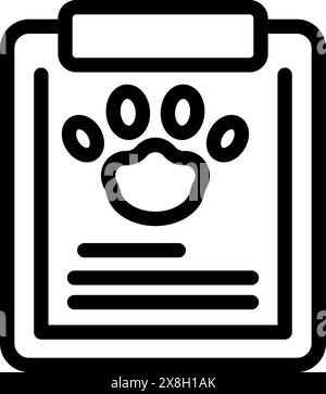 Black and white minimalist pet care document icon with paw print and clipboard, perfect for veterinary services, recordkeeping, and medical insurance management Stock Vector