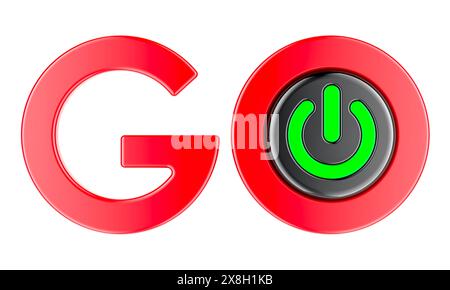 Go, concept. Red inscription with button, 3D rendering isolated on white background Stock Photo
