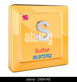Sulfur S, chemical element sign with number 16 in periodic table. 3D rendering isolated on white background Stock Photo