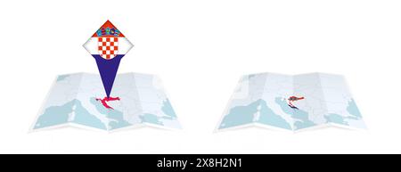 Two versions of an Croatia folded map, one with a pinned country flag and one with a flag in the map contour. Template for both print and online desig Stock Vector