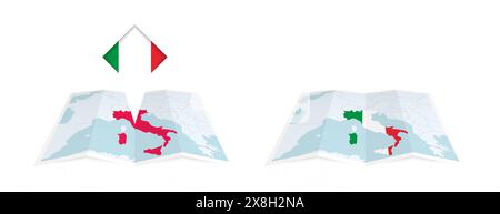 Two versions of an Italy folded map, one with a pinned country flag and one with a flag in the map contour. Template for both print and online design. Stock Vector