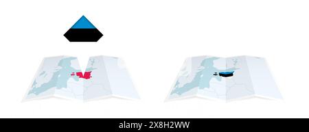 Two versions of an Estonia folded map, one with a pinned country flag and one with a flag in the map contour. Template for both print and online desig Stock Vector