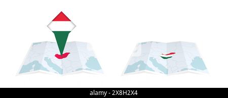 Two versions of an Hungary folded map, one with a pinned country flag and one with a flag in the map contour. Template for both print and online desig Stock Vector