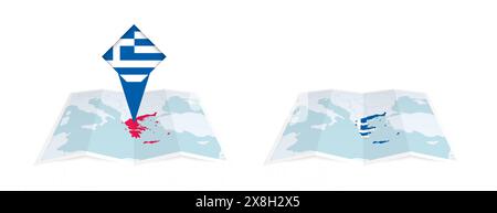 Two versions of an Greece folded map, one with a pinned country flag and one with a flag in the map contour. Template for both print and online design Stock Vector