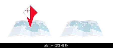 Two versions of an Malta folded map, one with a pinned country flag and one with a flag in the map contour. Template for both print and online design. Stock Vector