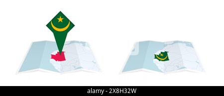 Two versions of an Mauritania folded map, one with a pinned country flag and one with a flag in the map contour. Template for both print and online de Stock Vector