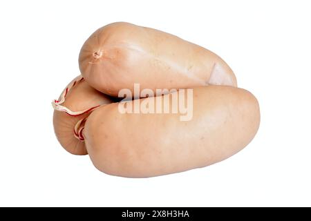 A pile of three thick sausages, ready to eat. Stock Photo