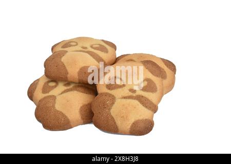 A pile of bear-shaped cookies baked from shortcrust pastry. Stock Photo