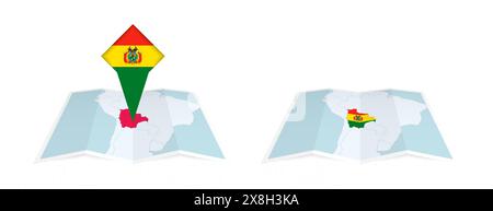 Two versions of an Bolivia folded map, one with a pinned country flag and one with a flag in the map contour. Template for both print and online desig Stock Vector