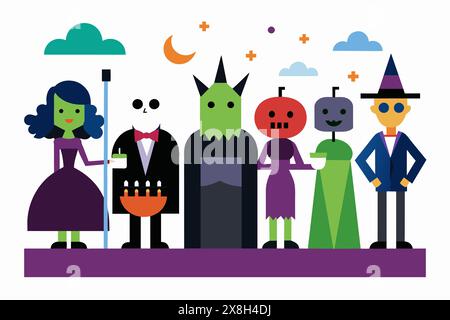 Cartoon Halloween characters including a witch, skeleton, monster, and robots. Group of spooky figures in colorful costumes. Halloween, spooky, costume, character concept. Isolated on white Stock Vector