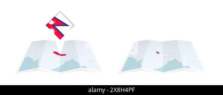 Two versions of an Nepal folded map, one with a pinned country flag and one with a flag in the map contour. Template for both print and online design. Stock Vector