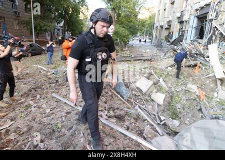 Kharkiv, Ukraine. 25th May, 2024. Firefighters try to extinguish a fire broke after Russian attacks hit Kharkiv, Ukraine on May 25, 2024. At least two people were killed and 24 others injured in Russia's attack on a hypermarket in the Ukrainian city of Kharkiv, according to its mayor Ihor Terekhov, on May 25, 2024. Terekhov said in a statement on Telegram that two aviation bombs were dropped, accusing Russia of 'intentionally targeting' the civilian facility. Photo by Yevhen Titov/ABACAPRESS.COM Credit: Abaca Press/Alamy Live News Stock Photo