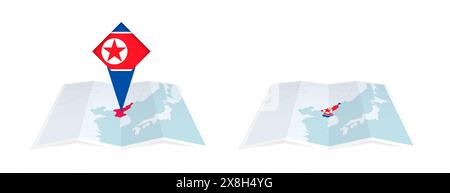 Two versions of an North Korea folded map, one with a pinned country flag and one with a flag in the map contour. Template for both print and online d Stock Vector