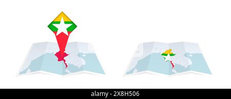 Two versions of an Myanmar folded map, one with a pinned country flag and one with a flag in the map contour. Template for both print and online desig Stock Vector