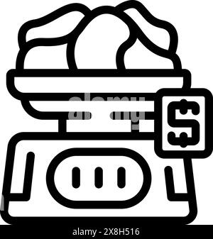 Black and white line icon depicting a weighing scale for produce with a price tag, suitable for various applications Stock Vector