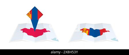 Two versions of an Mongolia folded map, one with a pinned country flag and one with a flag in the map contour. Template for both print and online desi Stock Vector
