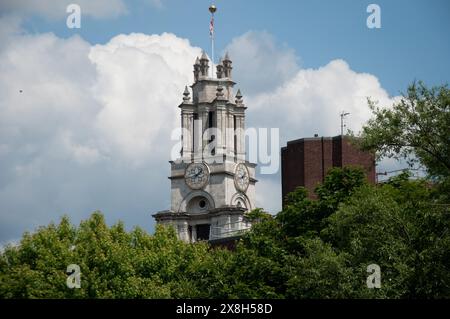 Tower, St Anne's Church, Limehouse, Tower Hamlets, London, UK - Hawksmoor; St Anne's Limehouse is a Hawksmoor Anglican Church in Limehouse, in the Lon Stock Photo