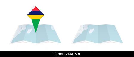 Two versions of an Mauritius folded map, one with a pinned country flag and one with a flag in the map contour. Template for both print and online des Stock Vector
