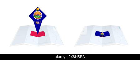 Two versions of an Kansas folded map, one with a pinned country flag and one with a flag in the map contour. Template for both print and online design Stock Vector