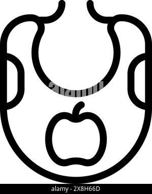 Simplistic black line icon illustration of a baby bib featuring a cute apple motif Stock Vector