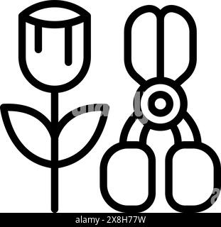 Line art icon featuring a rose and a pair of garden shears, symbolizing gardening and horticulture Stock Vector