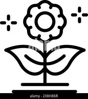 Minimalistic black and white line drawing of a flower with leaves, suitable for logos and design elements Stock Vector