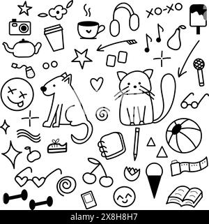 Outline of cute doodle simple elements for stationery. Hand drawn doodles Stock Vector