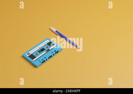 Audio cassette along with a pen. 3d illustration. Stock Photo