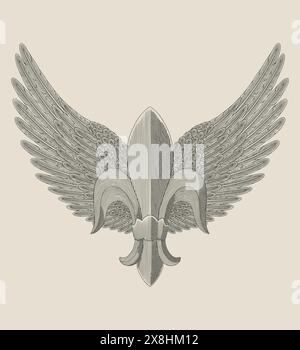 Fleur de lis with angel wings , Vintage engraving style drawing illustration Stock Vector