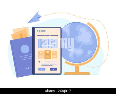 Online Travel Itinerary Booking on Smartphone with Passport and Earth Globe for Travel Concept Illustration Stock Vector