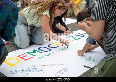 May 25, 2024, Rome, Italy: Environmental activists write words and thoughts related to democracy and respect for the environment and animals on a white sheet with the writing ''Democracy'' during the unauthorized sit-in organized by Ultima Generazione (Last Generation) activists in Rome. About a hundred people participated in the unauthorized protest sit-in organized through social media and posters posted around the city by Ultima Generatione (Last Generation) environmental activists with the slogan ''we are democracy'' in Rome.With their non-violent civil disobedience they try to attract pu Stock Photo
