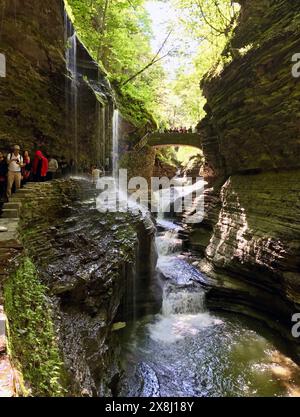 Water cascades over Rainbow Falls in Watkins Glen State Park in Watkins