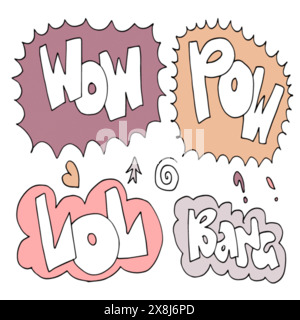 Handdrawn arrows, borders set with handwritten textBang,lol,pow,wow. Vector icon. Stock Vector
